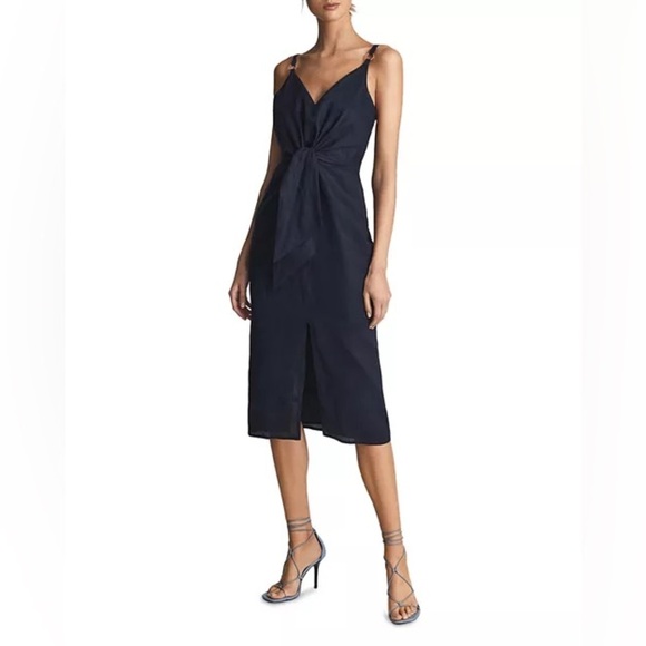 REISS Kay Tie Detail Navy Linen MIDI Dress Size 12 Quiet Luxury Preppy Wedding - Picture 2 of 16